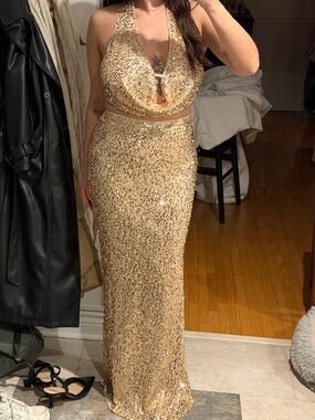 SHEIN Gold Sequin Halter Two-Piece Maxi Dress